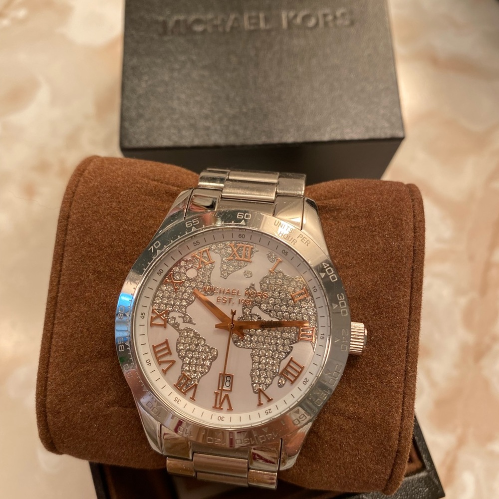 Michael Kors Map Stainless Steel and Rose Gold Watch